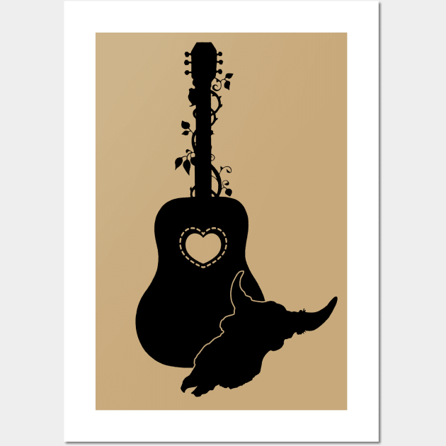 Country Western Guitar Rose Vine and Steer Skull Wall Art by NaturalDesign